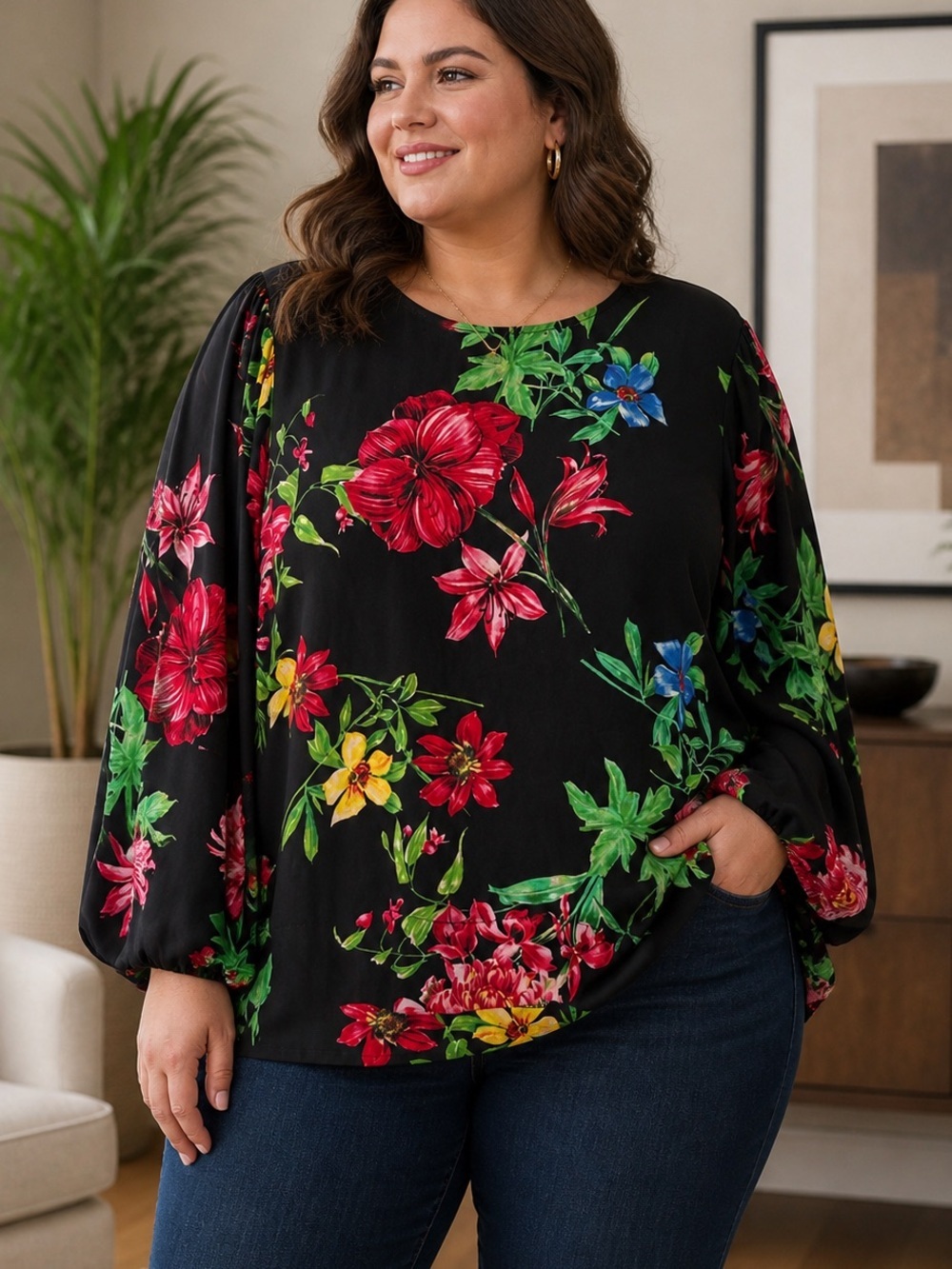 ✨ Joseph Ribkoff Black Floral Blouse – Size 14